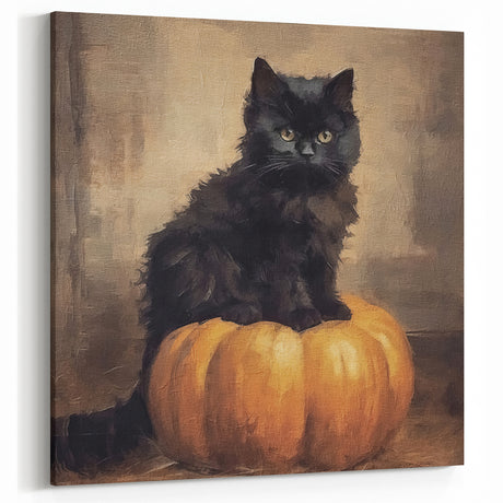 Spooky Wall Art - Black Cat & Pumpkin Vintage Halloween Print