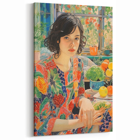 Vintage Portrait Art - Vibrant Floral Woman Retro Wall Decor