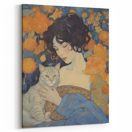 Vintage Portrait Art - Romantic Woman with Cat Floral Wall Decor