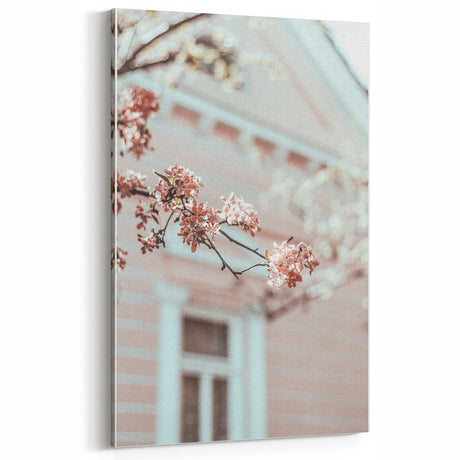 Pink Blossoms with Vintage House - Spring Wall Art Floral Canvas