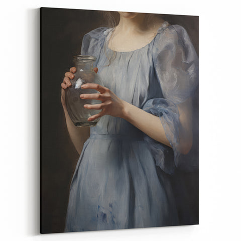 Classic Portrait Artwork - Woman in Blue Holding Glass Vase