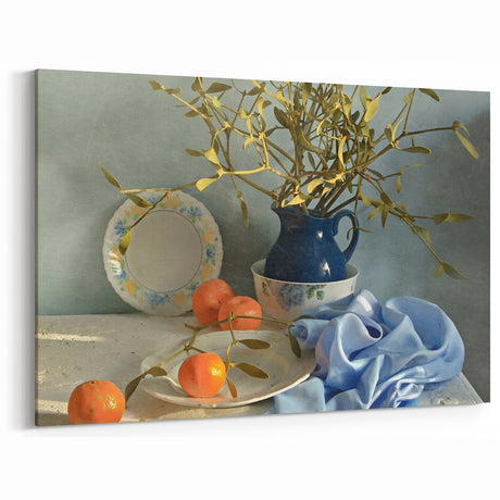 Still Life Orange & Blue Kitchen Fruit Art – Vintage Wall Decor