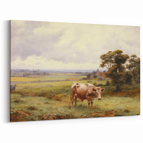 Vintage Animal Art: Cow in Landscape Antique Wildlife Print for Decor