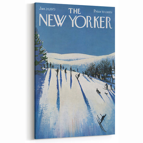 Vintage New Yorker Poster - Skiers on Snowy Hillside Art Print