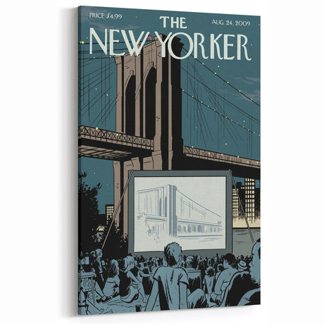 Vintage New Yorker Poster - Outdoor Movie Night at Brooklyn Bridge Wall Art Print