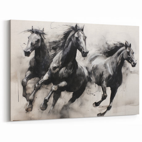 Vintage Animal Art - Powerful Running Black Horses