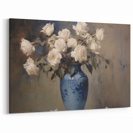 Vintage Botanical Art Prints – White Roses in Blue Vase – Classic Wall Decor
