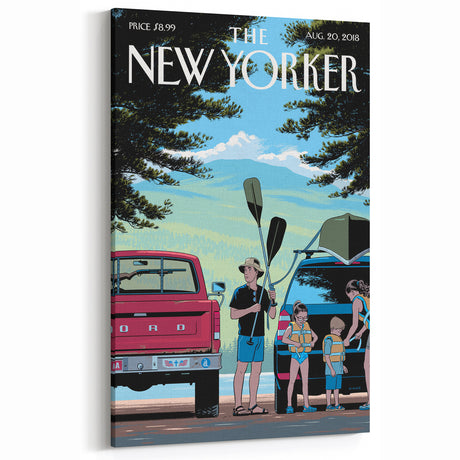 Vintage New Yorker Poster – Family Canoeing Adventure Art Print