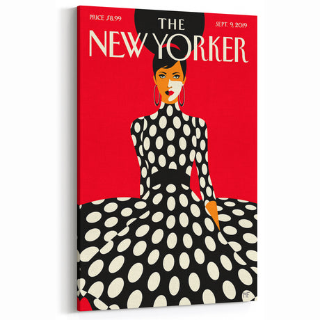 Vintage New Yorker Poster – Polka Dot Dress & Bold Red Background