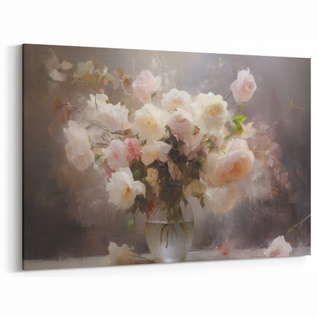 Vintage Botanical Art Prints – Soft Pink Roses in Vase Illustration