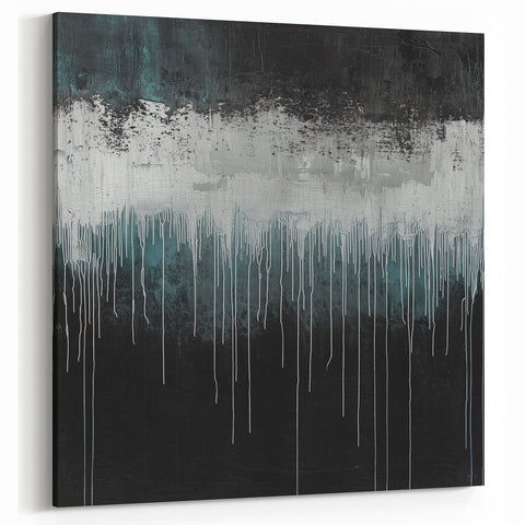 Modern Abstract Painting – Teal & White Dripping Canvas Wall Art