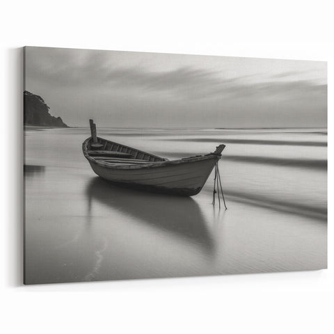 Solitary Boat on Silent Shores – Fine Art Black & White Photography