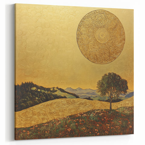 Golden Abstract Floral Wall Art – Celestial Landscape Canvas Print