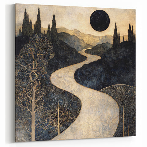 Celestial Abstract Landscape Art – Black & Gold Canvas Print