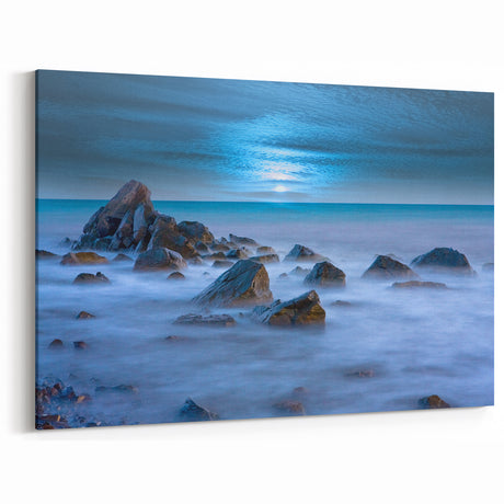 Tranquil Nature Canvas Prints – Misty Ocean Rocks at Dusk