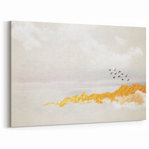 Elegant Zen Garden Wall Art – Golden Mountains & Birds