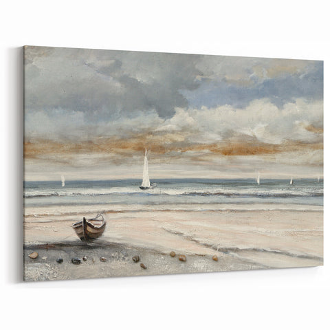 Serene Sunset Wall Art – Tranquil Beach Scene with Sailboats