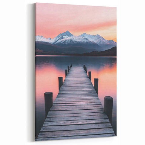 Minimalist Mountain Wall Art – Serene Lake and Pier Print