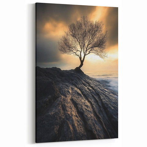 Abstract Minimalist Nature Art – Lone Tree on Rocky Cliff Print