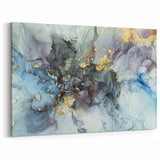 Modern Fluid Abstract Art – Gold & Blue Marble Ink Canvas