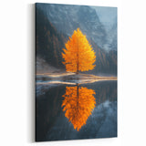 Minimalist Mountain Scene Art – Golden Tree & Lake Reflection Print