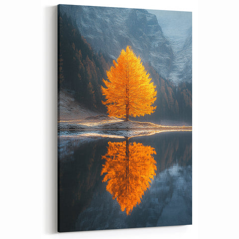 Minimalist Mountain Scene Art – Golden Tree & Lake Reflection Print