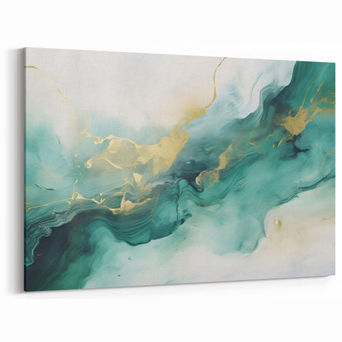 Modern Fluid Art Print – Teal & Gold Abstract Canvas Decor