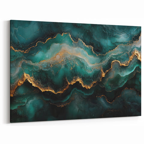 Emerald Green & Gold Fluid Canvas Art – Luxury Abstract Decor