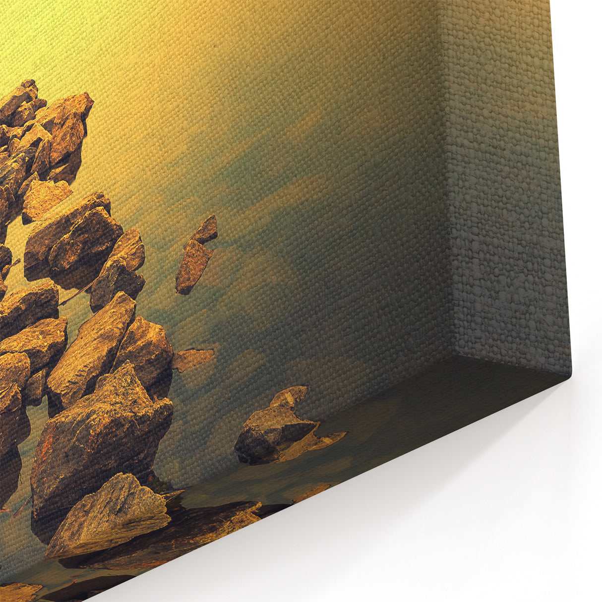 Abstract Minimalist Landscape Paintings – Golden Horizon Rock Path