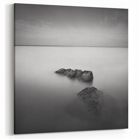 Black and White Minimalist Landscapes – Serene Ocean Rock Wall Print