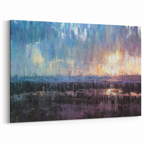 Abstract Minimalist Landscape Paintings – Blue and Violet Sunset Wall Art