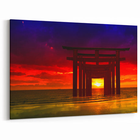 Minimalist Coastal Landscape Art – Sunset Torii Gate Ocean View Print