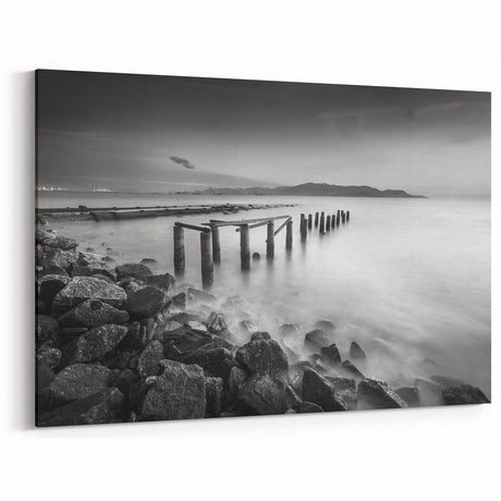 Minimalist Coastal Landscape Art – Weathered Pier in Black & White