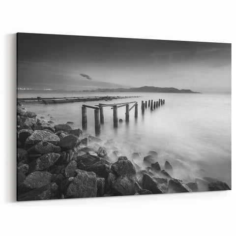Minimalist Coastal Landscape Art – Weathered Pier in Black & White