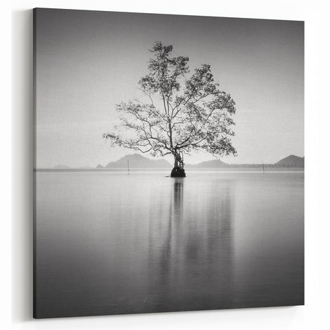 Minimalist Mountain Wall Art – Tree Reflections in Calm Waters