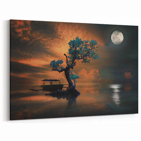 Minimalist Landscape Wall Art – Moonlit Tree and Boat Reflections