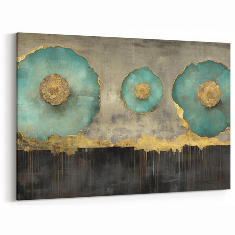Golden Bloom – Fluid Acrylic Wall Decor with Turquoise Accents