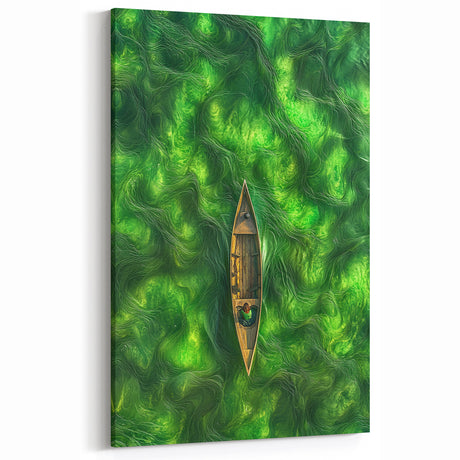 Minimalist Coastal Landscape Art – Tranquil Boat in Green Waters
