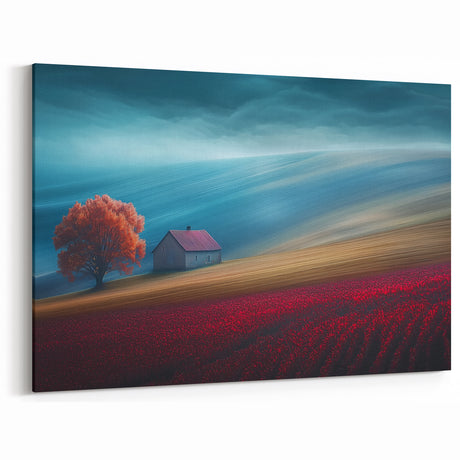 Modern Minimalist Landscape Prints – Cottage on Scarlet Hillside