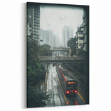 Modern Urban Landscape Art – Rainy Tram Through City Towers