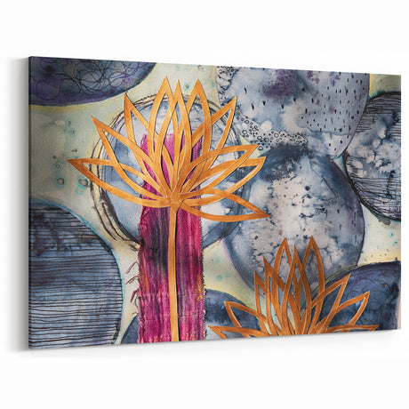 Contemporary Framed Abstract Art – Gold Lotus Over Blue Textures