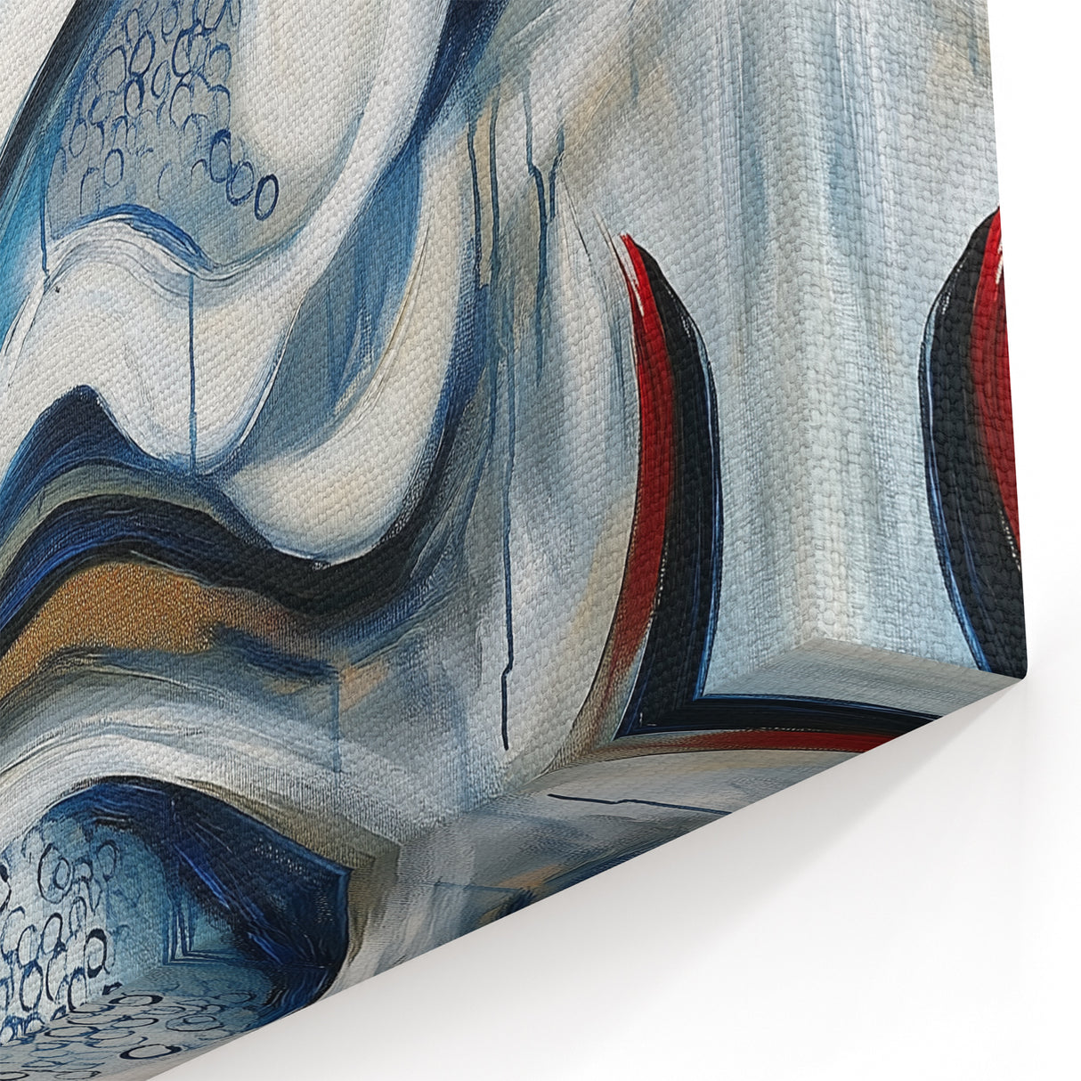 Large Abstract Wall Art – White, Navy & Gold with Red Accents