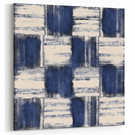 Structured Serenity – Navy Grid Pattern Canvas from Earthen Harmony