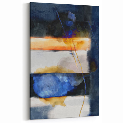 Geometric Abstract Canvas Art – Navy, Gold, and Cobalt Brush Forms