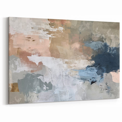 Abstract Earth Tone Art – Modern Oil Painting with Blue and Beige