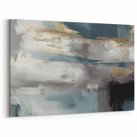 Whispers of Fog – Teal and Gray Abstract Wall Art with Gold Hues