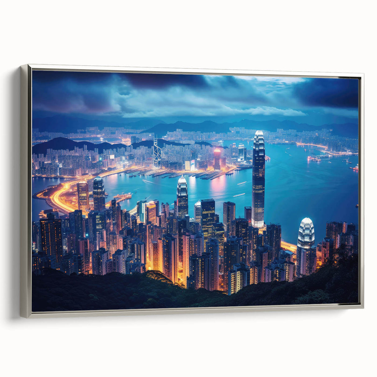 Landscape art painting of a vibrant, colorful forest on a black background, printed as a vintage poster.