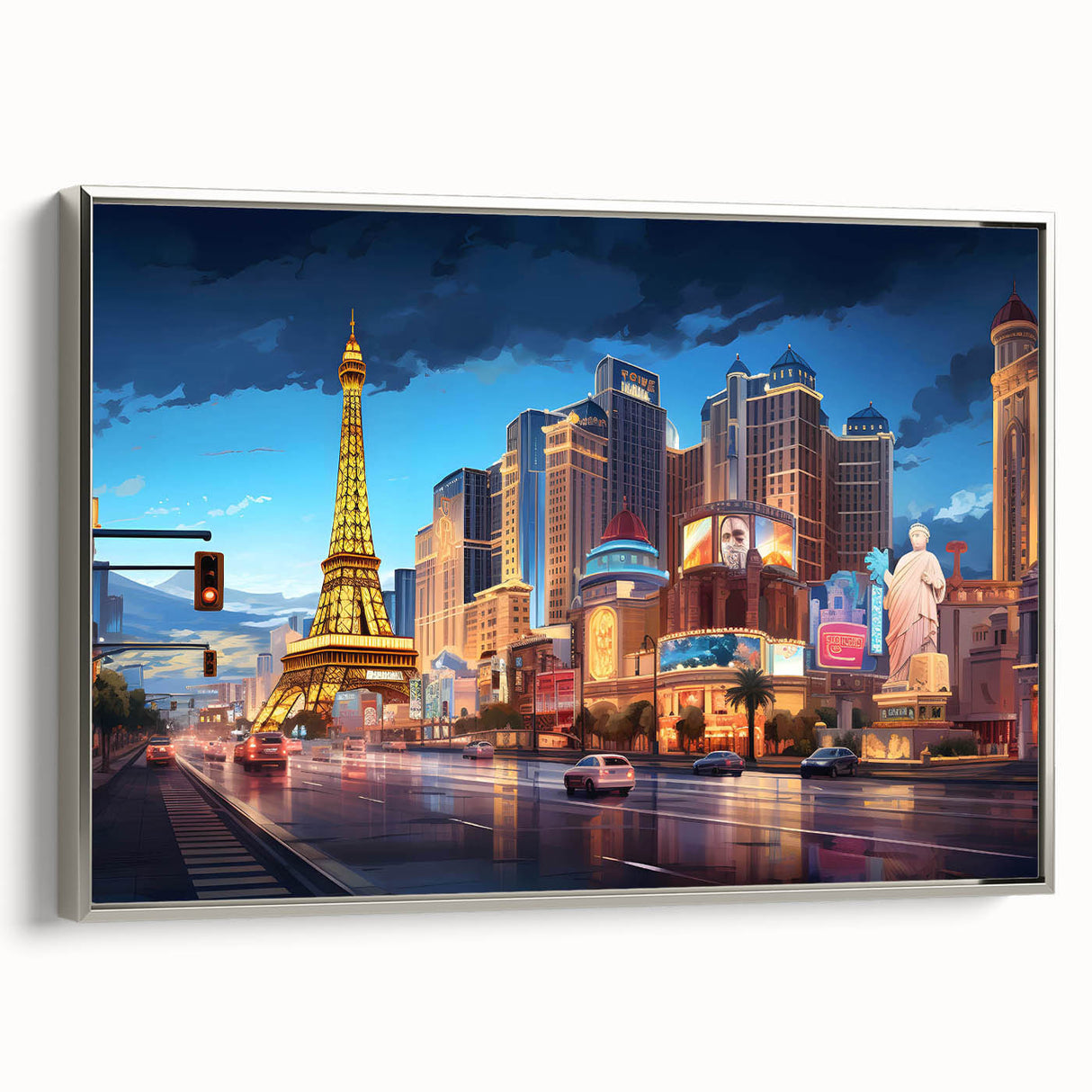 Landscape art painting featuring a vintage poster style with a colorful palette on black, ideal for living room decor.