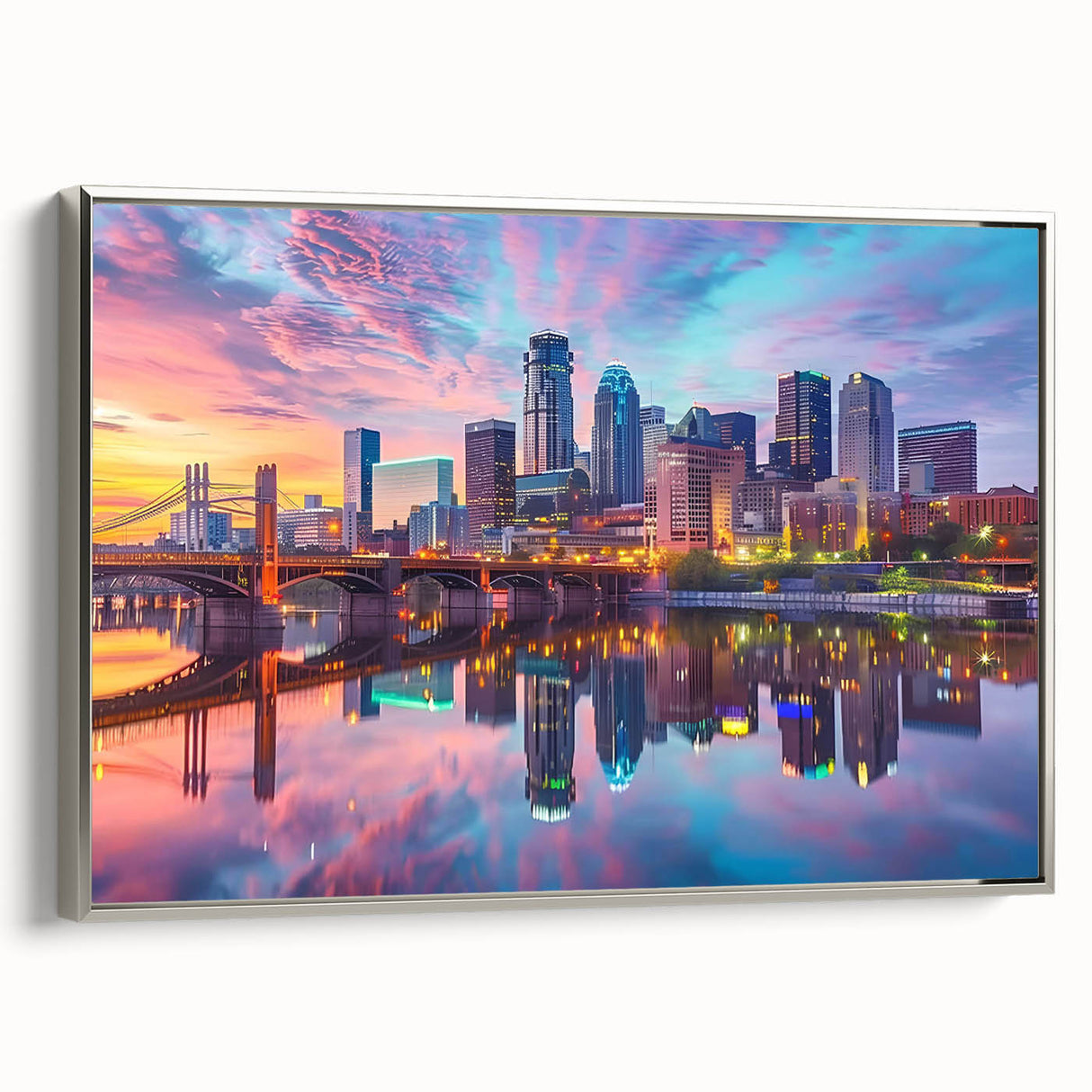 Landscape art painting featuring a vintage poster style on canvas, with a black background and colorful floral elements.