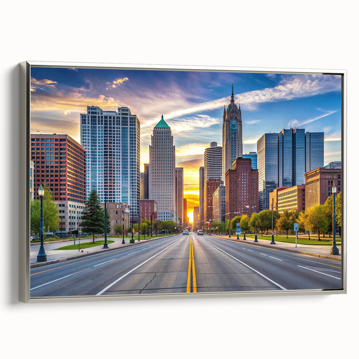Vintage poster art of a colorful landscape painting on black background, ideal for modern bedroom ambiance.